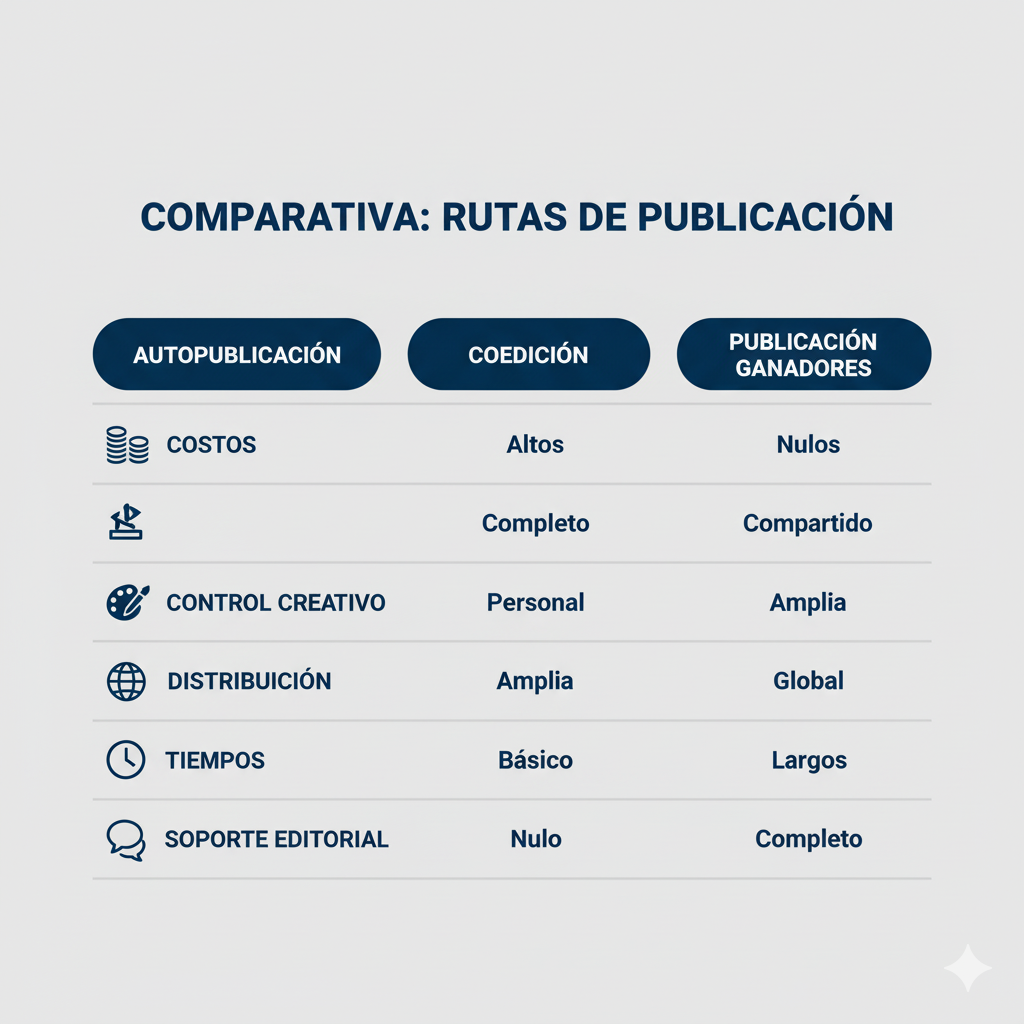 Comparativa de modalidades: autopublicación, coedición y publicación completa para ganadores.