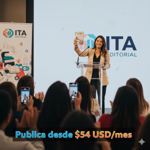 Autora sosteniendo su libro en un evento de Ita Editorial; texto superpuesto “Publica desde $54 USD/mes”.