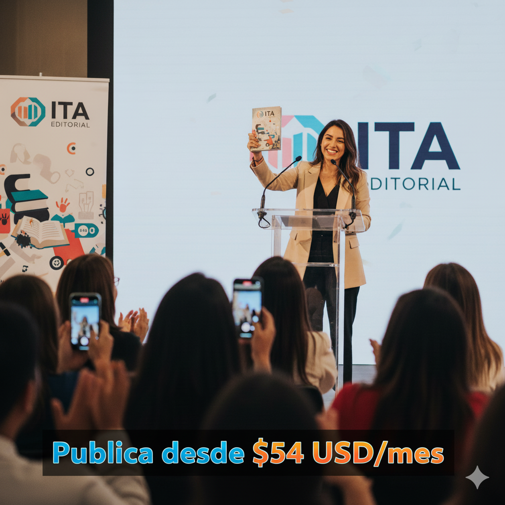Autora sosteniendo su libro en un evento de Ita Editorial; texto superpuesto “Publica desde $54 USD/mes”.