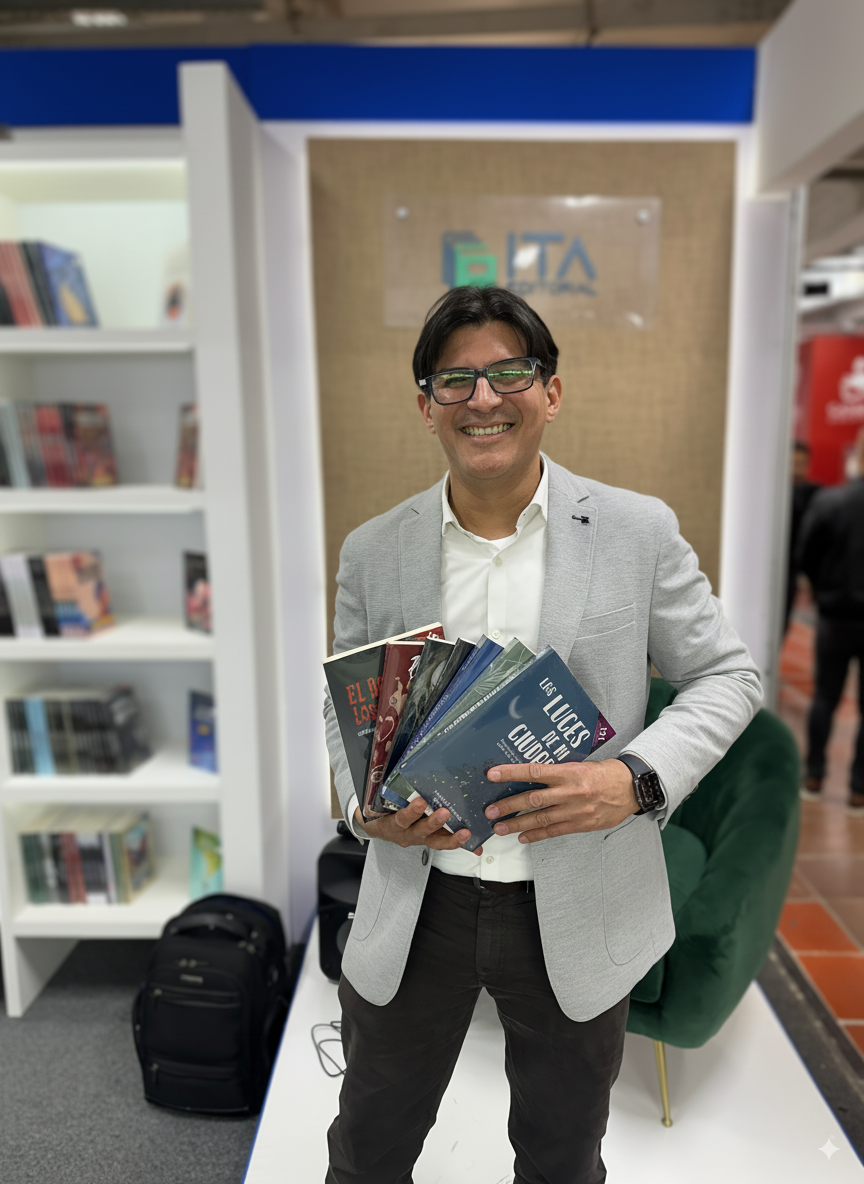 Autores sosteniendo sus libros publicados en una presentación