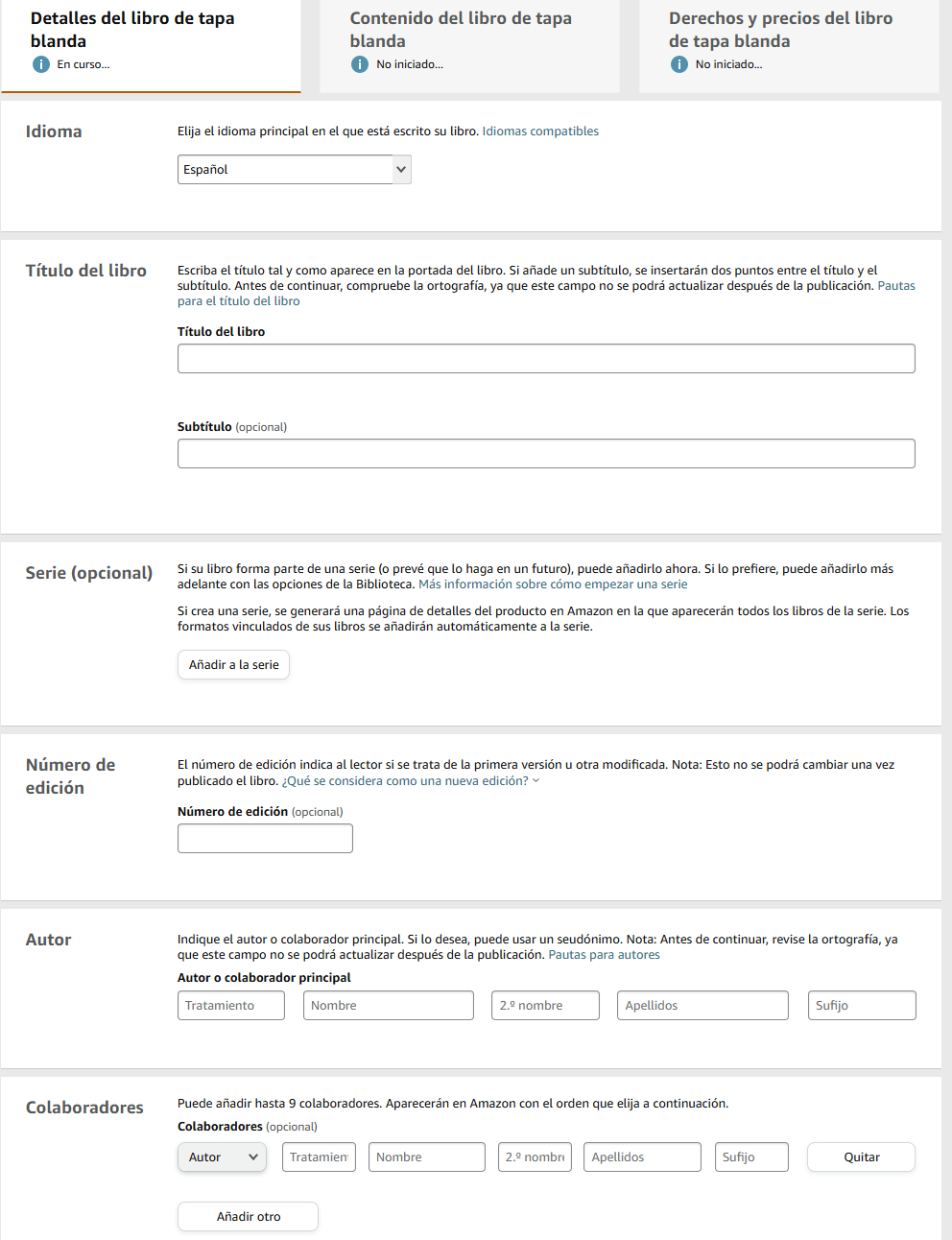 Formulario de Details en KDP con campos resaltados: título, descripción, keywords y categorías