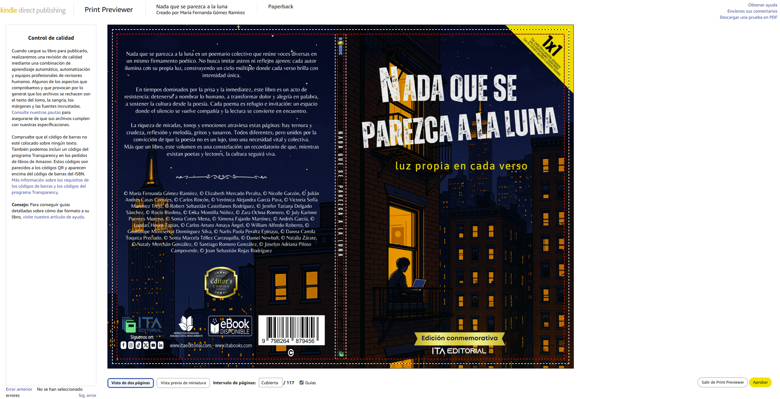 KDP Print Previewer mostrando el libro y controles de revisión