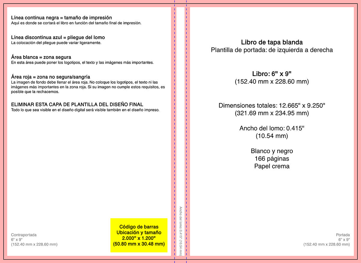 Plantilla de KDP con áreas de seguridad, líneas de corte y lomo calculado